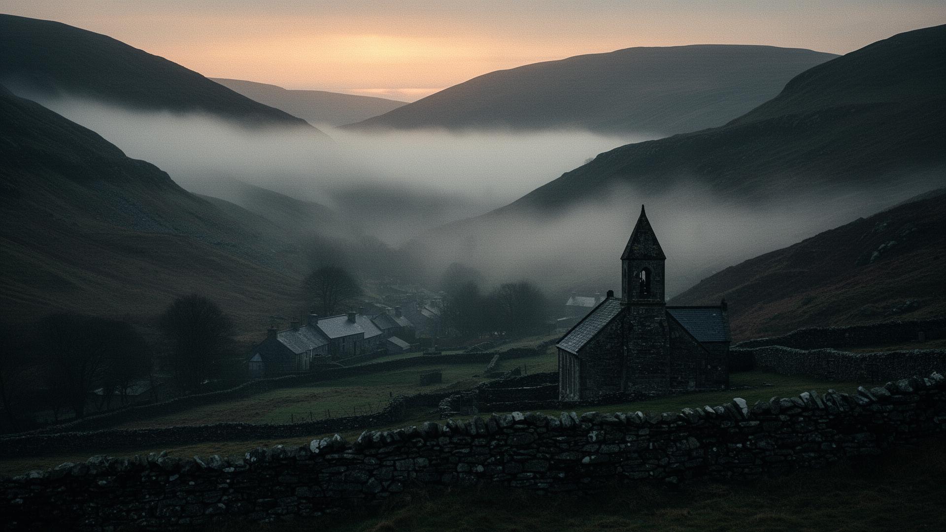 A misted Welsh valley at dawn, a lone chapel and stone cottages emerging from the cwm